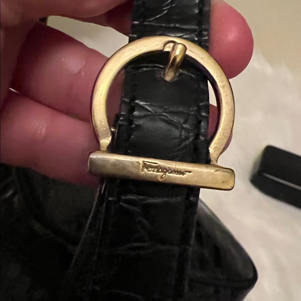 Salvatore Ferragamo Black Croc-Embossed Leather Crossbody with Gold Vara Buckle - Picture 9 of 13